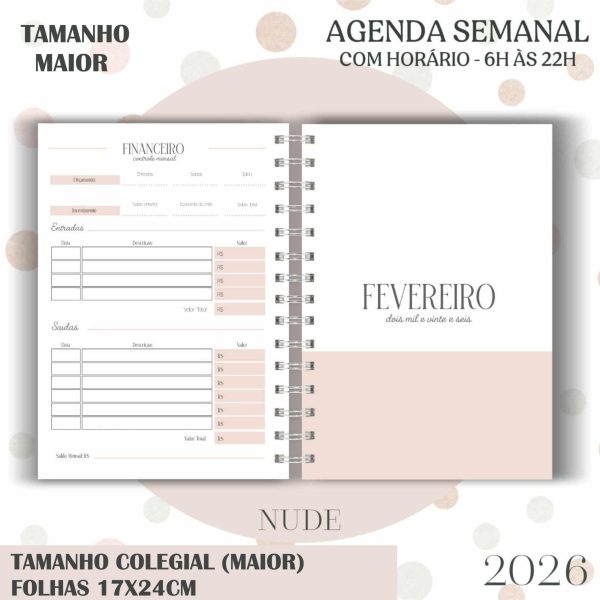 Agenda visão semanal Colegial (17x24cm) - Nude - 2026 - Imagem 8