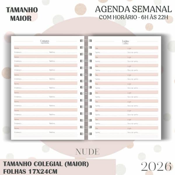 Agenda visão semanal Colegial (17x24cm) - Nude - 2026 - Imagem 3