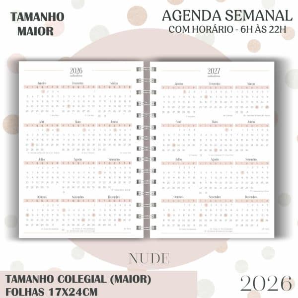 Agenda visão semanal Colegial (17x24cm) - Nude - 2026 - Imagem 5
