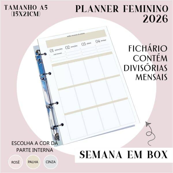 Fichário/Planner Feminino 2026 - Visão Semanal em BOX - Imagem 1