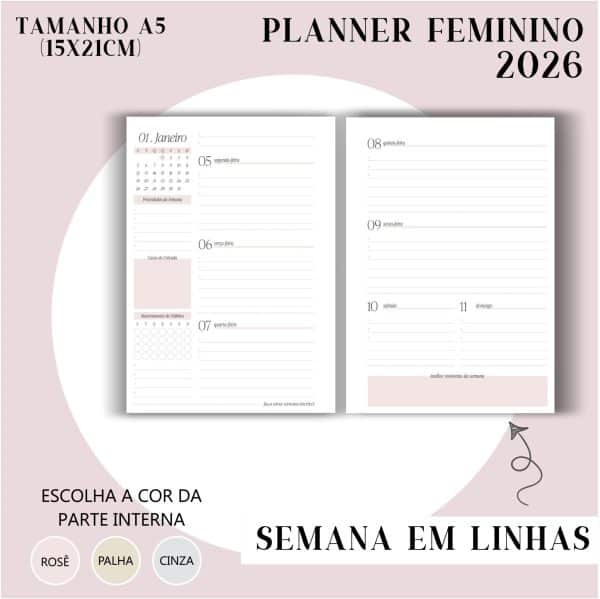 Fichário/Planner Feminino 2026 - Visão Semanal em LINHAS - Imagem 3