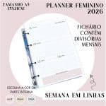 Fichário/Planner Feminino 2026 - Visão Semanal em LINHAS