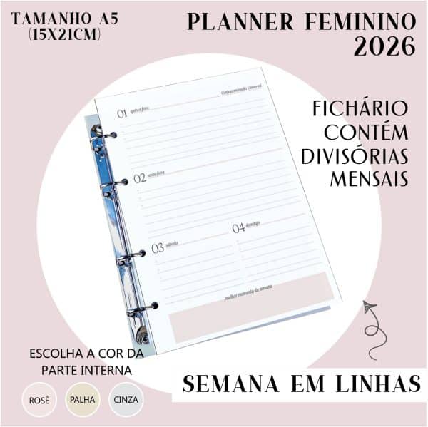 Fichário/Planner Feminino 2026 - Visão Semanal em LINHAS - Imagem 1