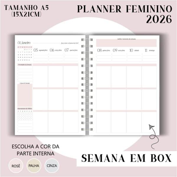 Planner Feminino 2026 - Visão Semanal em BOX - Imagem 1