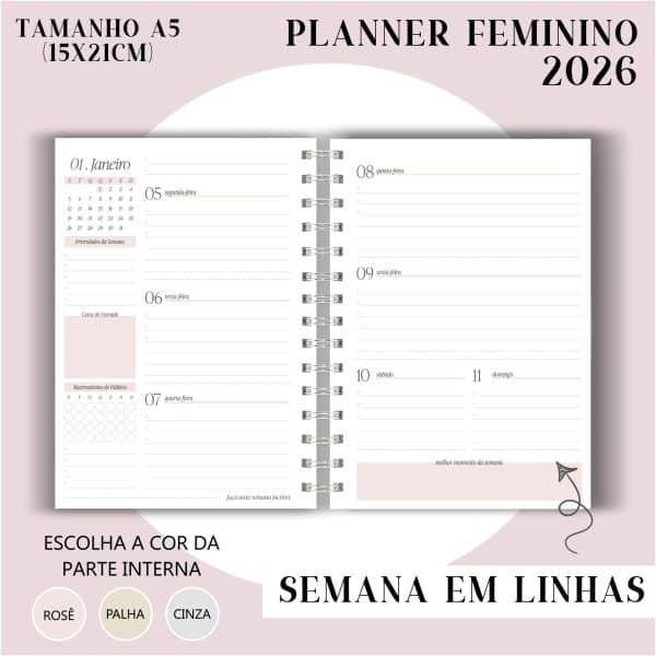 Planner Feminino 2026 - Visão Semanal em LINHAS - Imagem 1