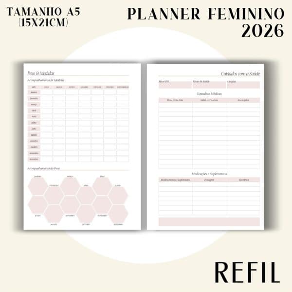 Refil para Fichário A5 - Planner Feminino 2026 - Visão Semanal em LINHAS - Imagem 8