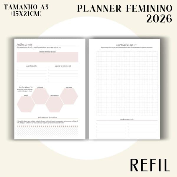 Refil para Fichário A5 - Planner Feminino 2026 - Visão Semanal em LINHAS - Imagem 7
