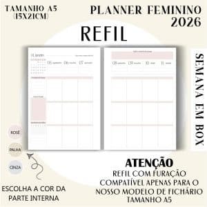 Refil para Fichário A5 - Planner Feminino 2026 - Visão Semanal em BOX