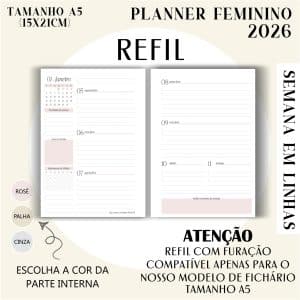 Refil para Fichário A5 - Planner Feminino 2026 - Visão Semanal em LINHAS