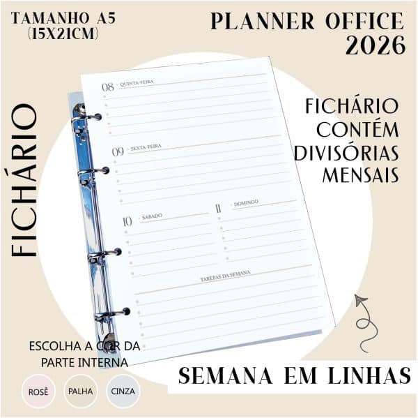 Fichário/Planner Office 2026 - Visão Semanal em LINHAS - Imagem 1