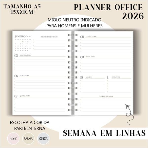 Planner Office 2026 - Visão Semanal em LINHAS - Imagem 1