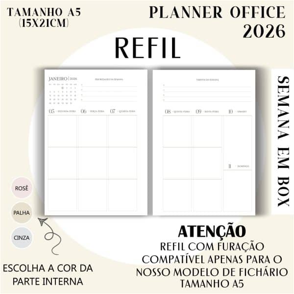 Refil para Fichário A5 - Planner Office 2026 - Visão Semanal em BOX - Imagem 1