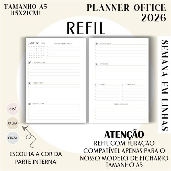 Refil para Fichário A5 - Planner Office 2026 - Visão Semanal em LINHAS - Imagem 1